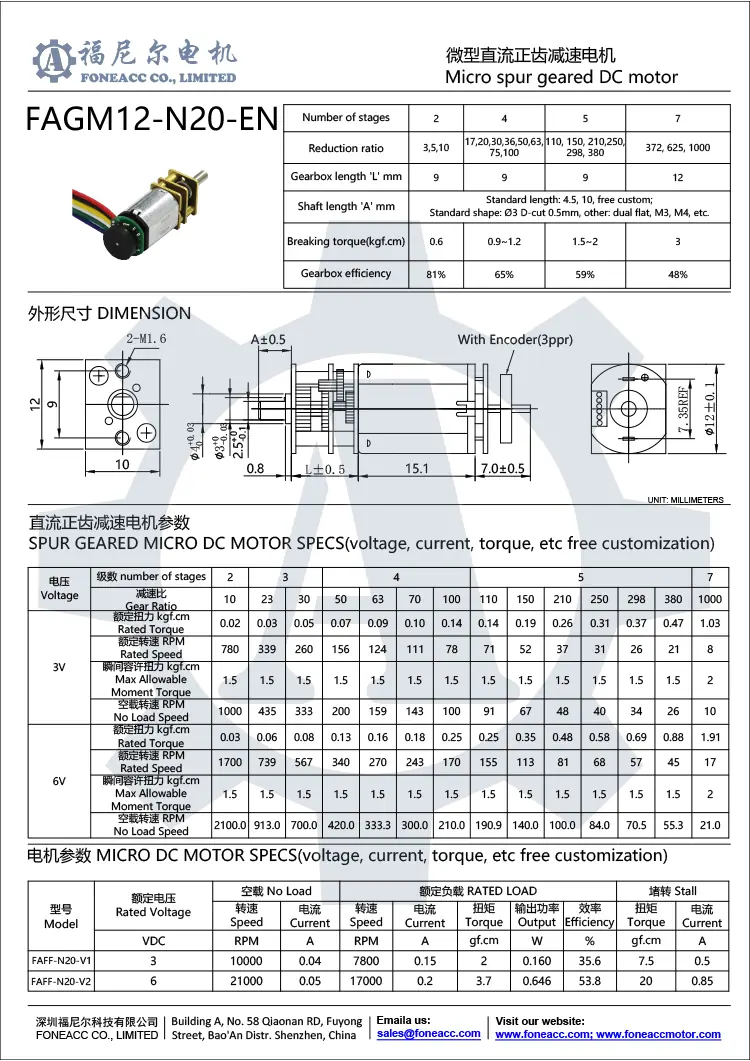 GM12-N20-EN N20 <a data-cke-saved-href=/Micro-geared-DC-motor.html href=/Micro-geared-DC-motor.html target='_blank'>motor de CC</a > Hoja de datos del motor eléctrico N20 dc con codificador magnético